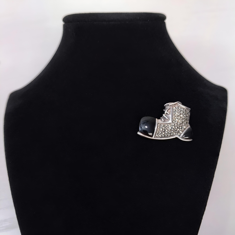 Vintage Art Deco Era Sterling Silver Marcasite Black Onyx Boot Brooch Pin - Picture 10 of 12
